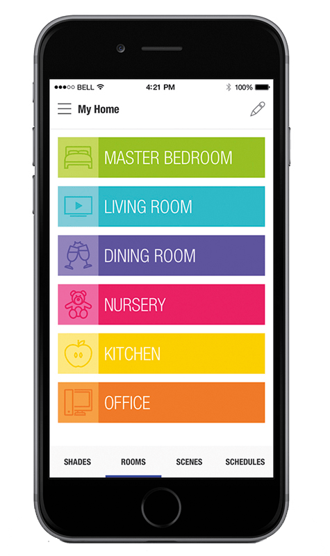 Smartphone displaying the Hunter Douglas app interface with options to control window treatments in various rooms of a home.