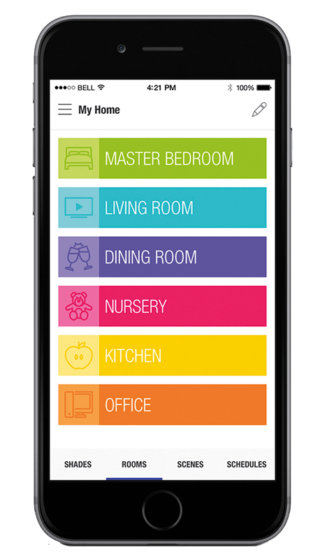 Smartphone displaying the Hunter Douglas app interface with options to control window treatments in various rooms of a home.