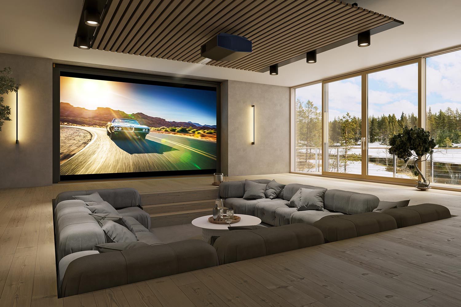 A sleek, dark home theater with plush seating, a backlit screen displaying a mountain view, and a minimalist design with ambient lighting.