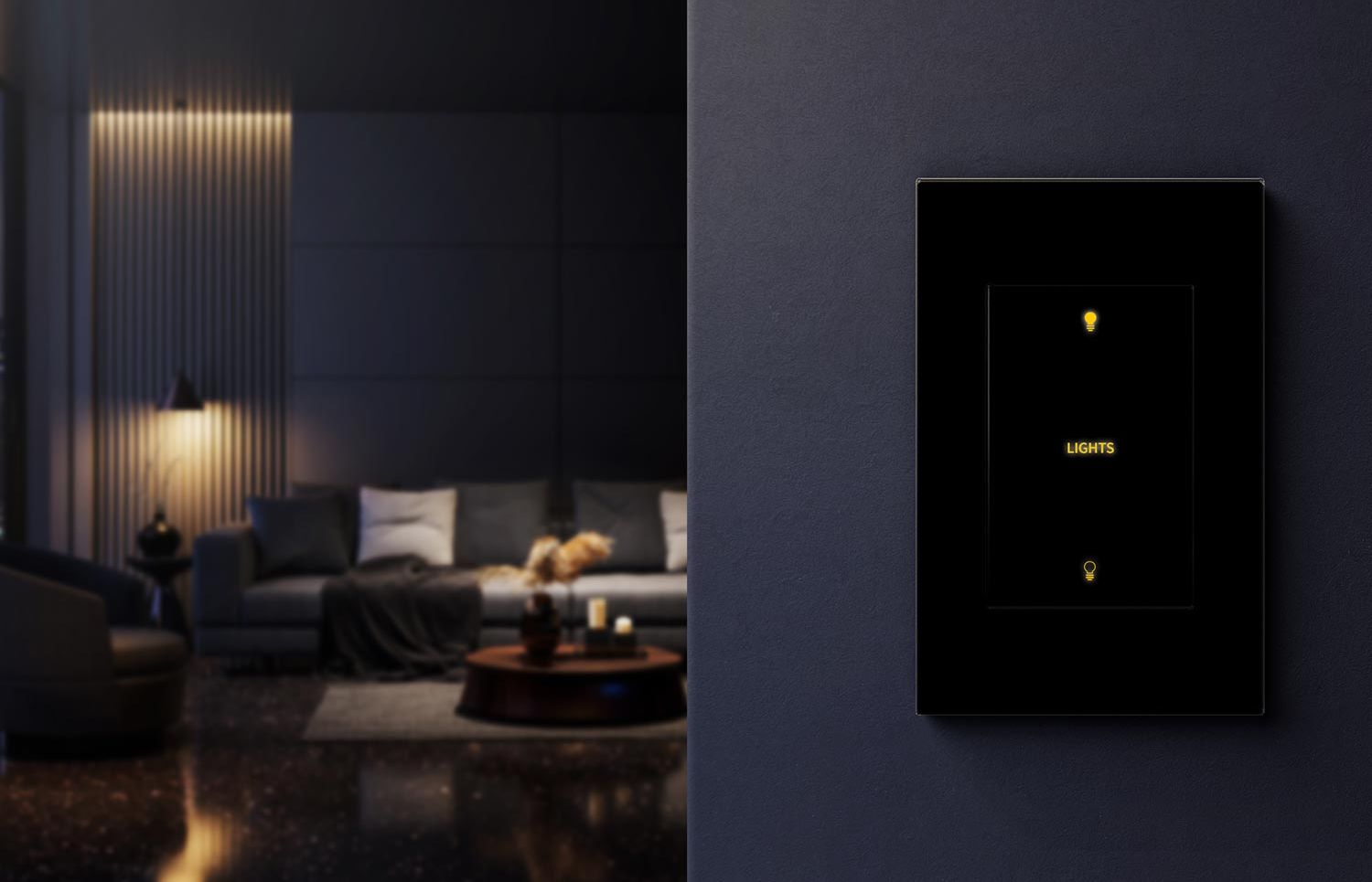 A modern living room with a Crestron sleek black smart lighting panel on the wall.